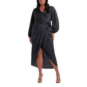 Ever New Curve Navy Wrap Satin Midi Dress in Navy